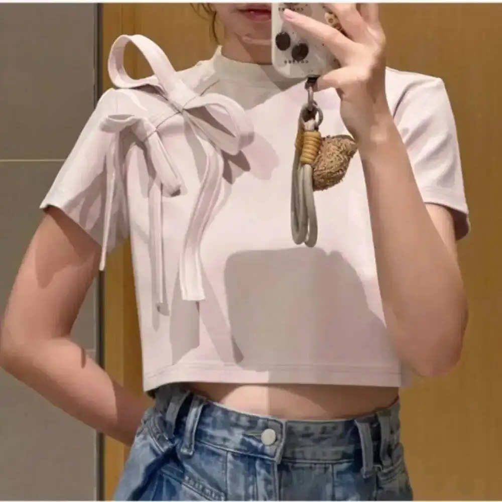 

Babyoung Bow Sweet с коротким рукавом универсальная футболка женская короткая вязаная студенческая винтажная футболка в японском стиле с рюшами повседневная Mujer