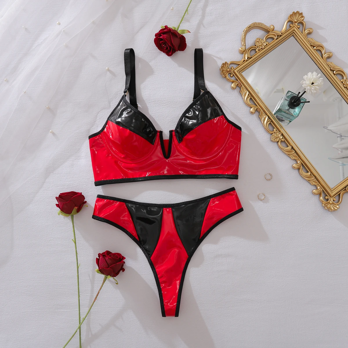 MUZISKAT Fashion Spicy Girl Color blocked PU Lacquer Leather Slimming and Styling Sexy Underwear Split Two Piece Set