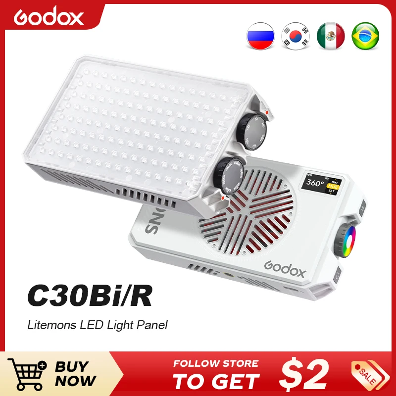 

Godox C30Bi C30R Litemons LED Light Panel Lightweight CRI94+ TLCI96+ 2800K-6500K Five Brightness Level Pocket Fill Light for Vlo