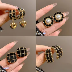 Black Earrings 2024 New Popular Elegant Earring for Women Pearl stud chain ear rings heart-shaped dangle earrings