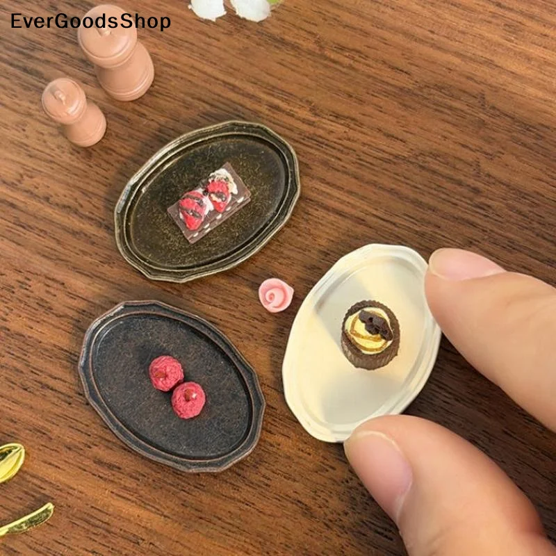 

New New 1Pc Mini Retro Oval Metal Dish Dollhouse Miniature Simulation Kitchen Steak Dishes Model Toys For Doll House Accessories