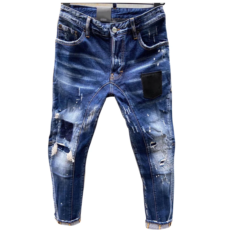 chareiharper t121 Men's vintage blue jeans ripped stars stretch slim-fit pants with men's pants Coconut tree