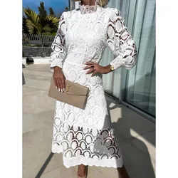 New Arrivals 2024 Spring New Women's Clothing Solid Color Lace Stand Collar Puff Sleeve Waist Slimming Dress