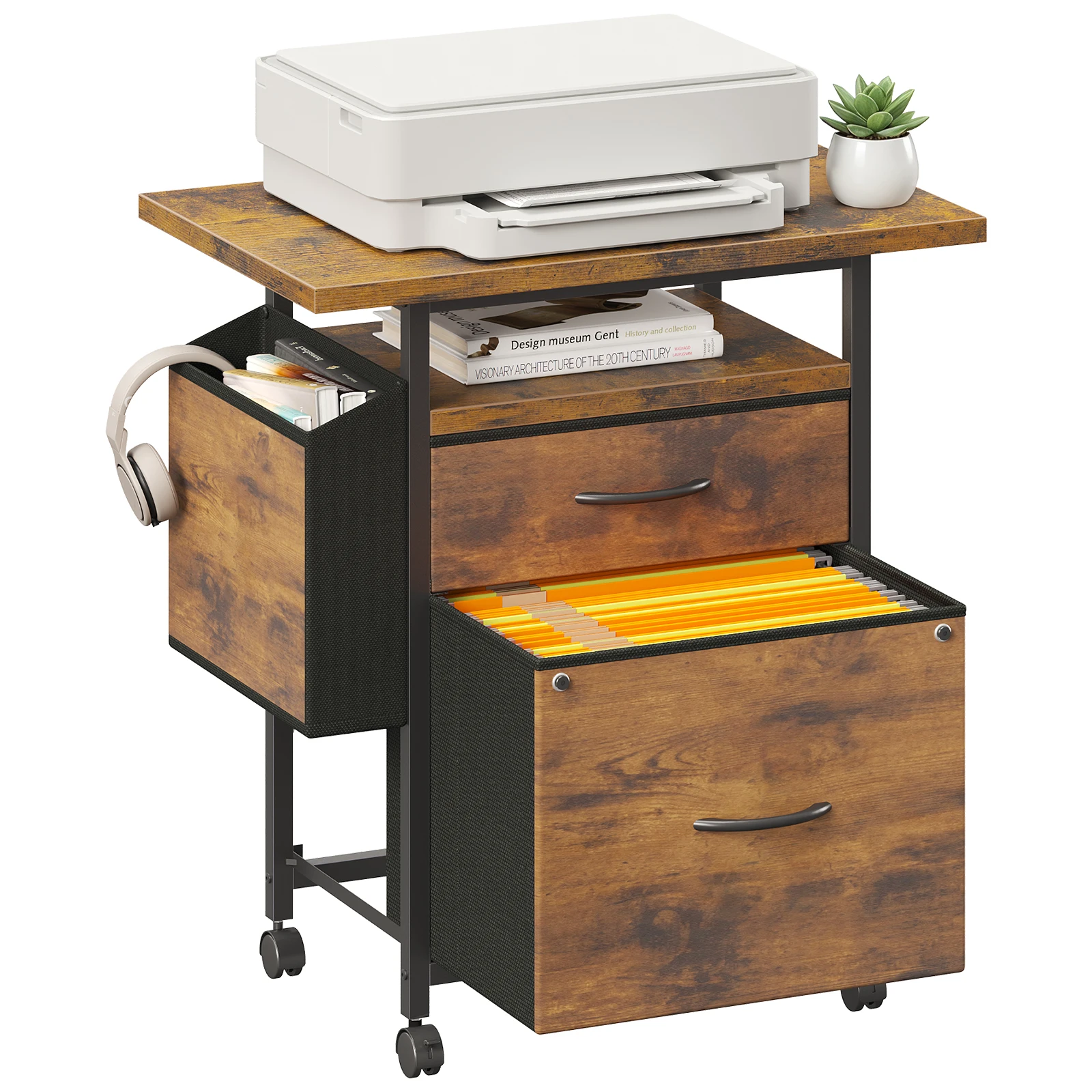 #￥JHK Mobile File Cabinet with 2Fabric Drawers Printer Stand with Open Shelf & Side Storage Bag Under DeskOffice StorageCabinet