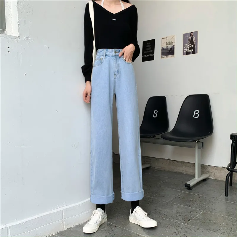 جينز نسائي عالي الخصر وواسع الساق فضفاض مناسب للصيف الجديد جينز عالي الخصر بالإضافة إلى حجم السراويل الطويلة المستقيمة