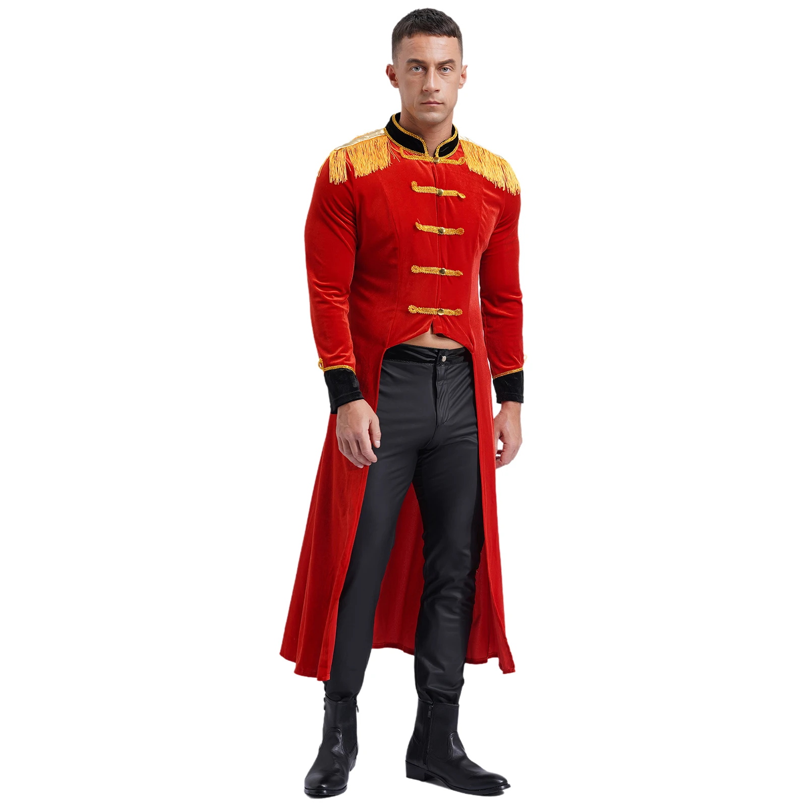 Disfraz de Circus Ringmaster para hombre y mujer, chaqueta gótica con flecos de terciopelo, hombro renacentista, gabardina