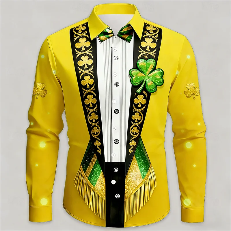 

Новая мужская рубашка с 3D принтом клевера, рубашка с длинными рукавами, стильный высококачественный искусственный костюм, модная повседневная рубашка с длинными рукавами