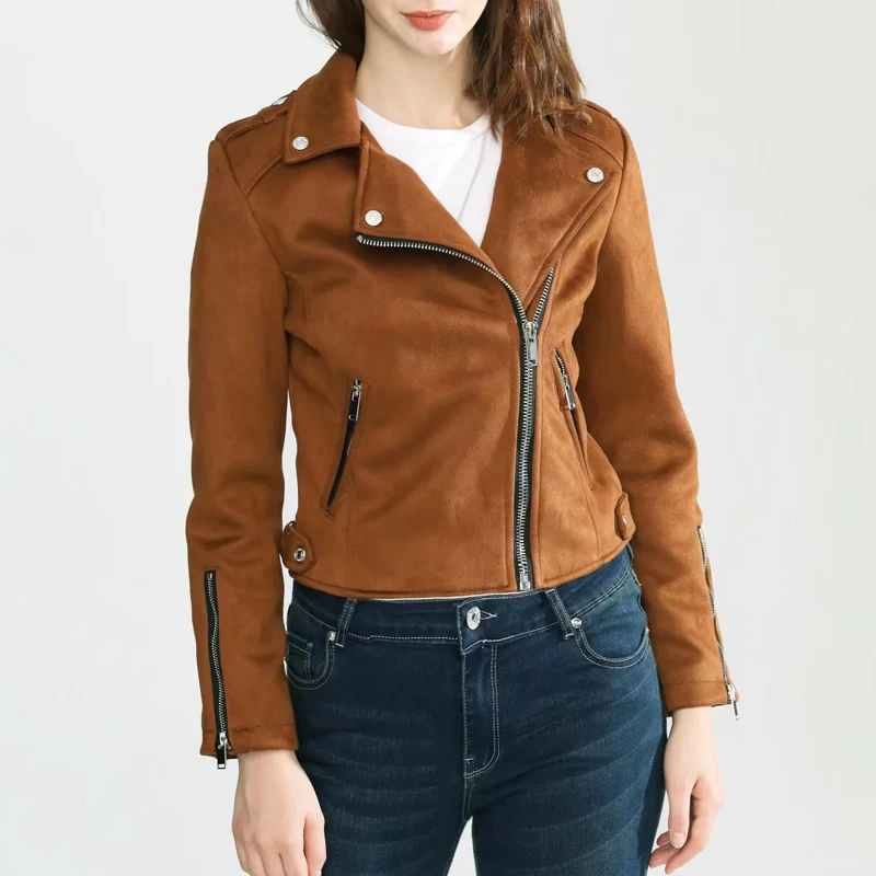 

Осень-зима ort Long Sve Suede Jaet Высокая талия Slim Fit Мотоциклетный Jaet Модный топ Street Sle Полиэстер E...
