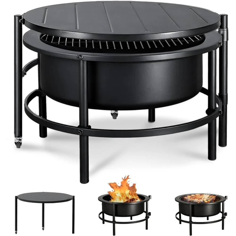 

Очень большая уличная костра для костра с грилем и вращающимся столом, 28-дюймовая дровяная костра для барбекю с грилем