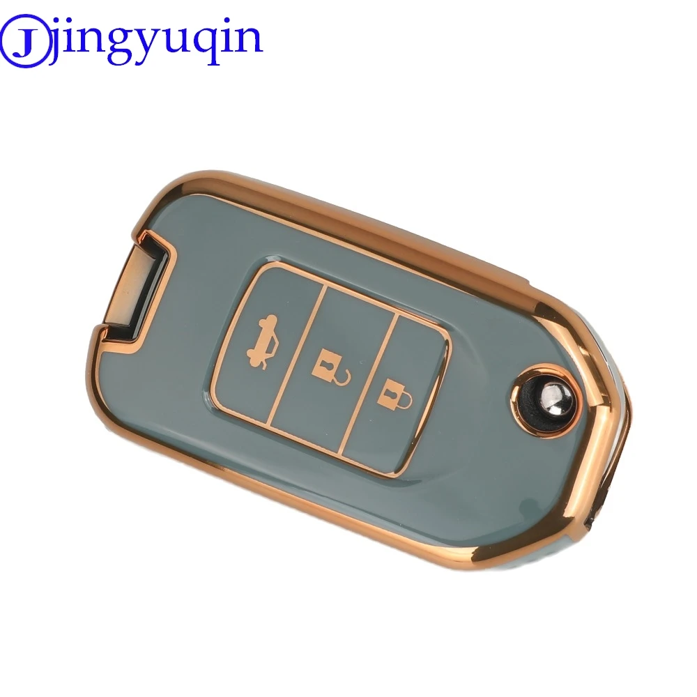 Jingyuqin 3 Tombol Kedatangan TPU Kunci Mobil Shell Case Fob untuk Honda Civic City Fit HR-V XR-V Lipat Flip Auto Mobil Penutup Kunci