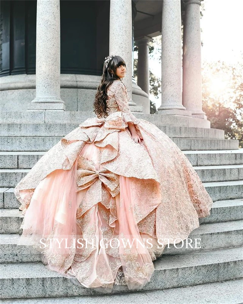 Sparkly Rose Gold Sweetheart Ball Gown Quinceanera Dress With Sleeves Beaded Birthday Prom Dresses For Girl Bow Lace Up Back