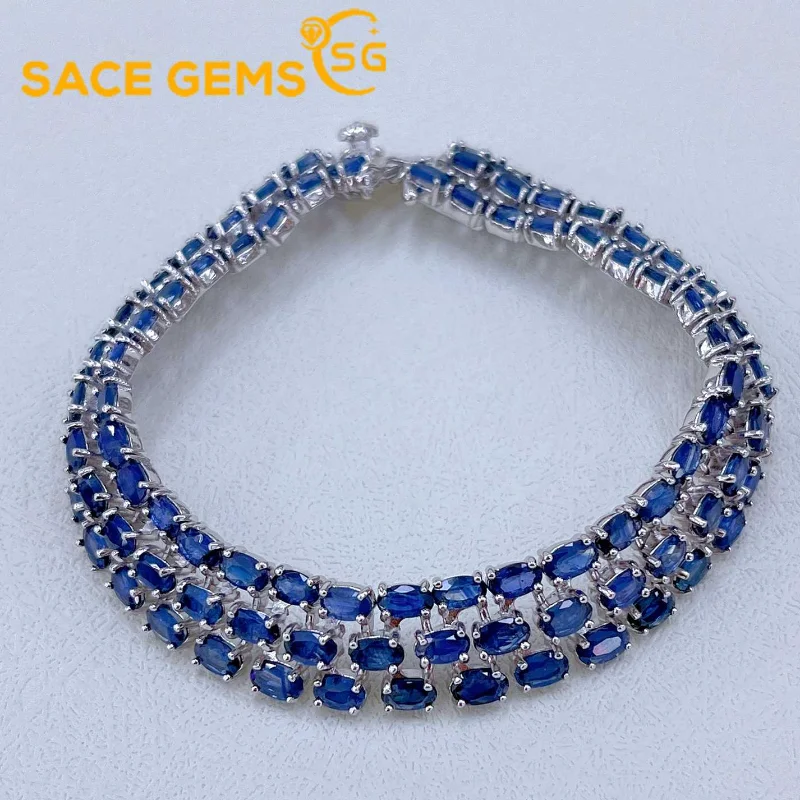 

SACE GEMS Luxury 925 Sterling Silver 3*5MM Natural Sapphire Gemstone Bracelrts for Women Engagement Cocktail Party Fine Jewelry