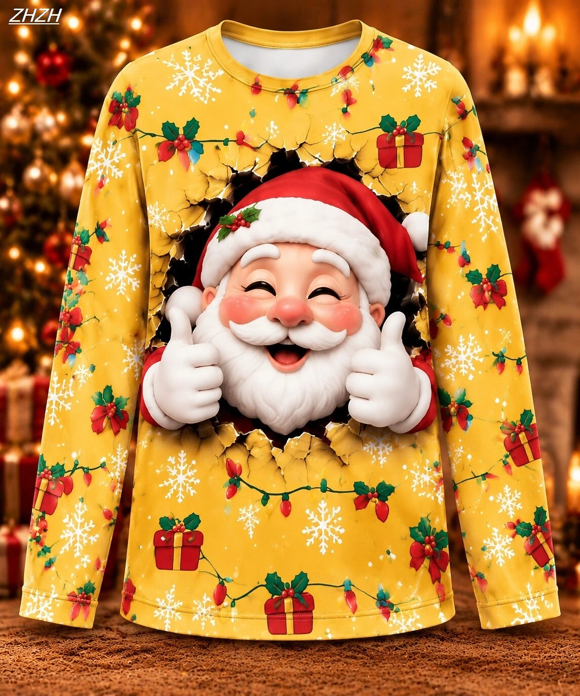 Thumbs Up Break Through Santa 3D Print Women Long Sleeve T‑Shirt Christmas Gift Tops