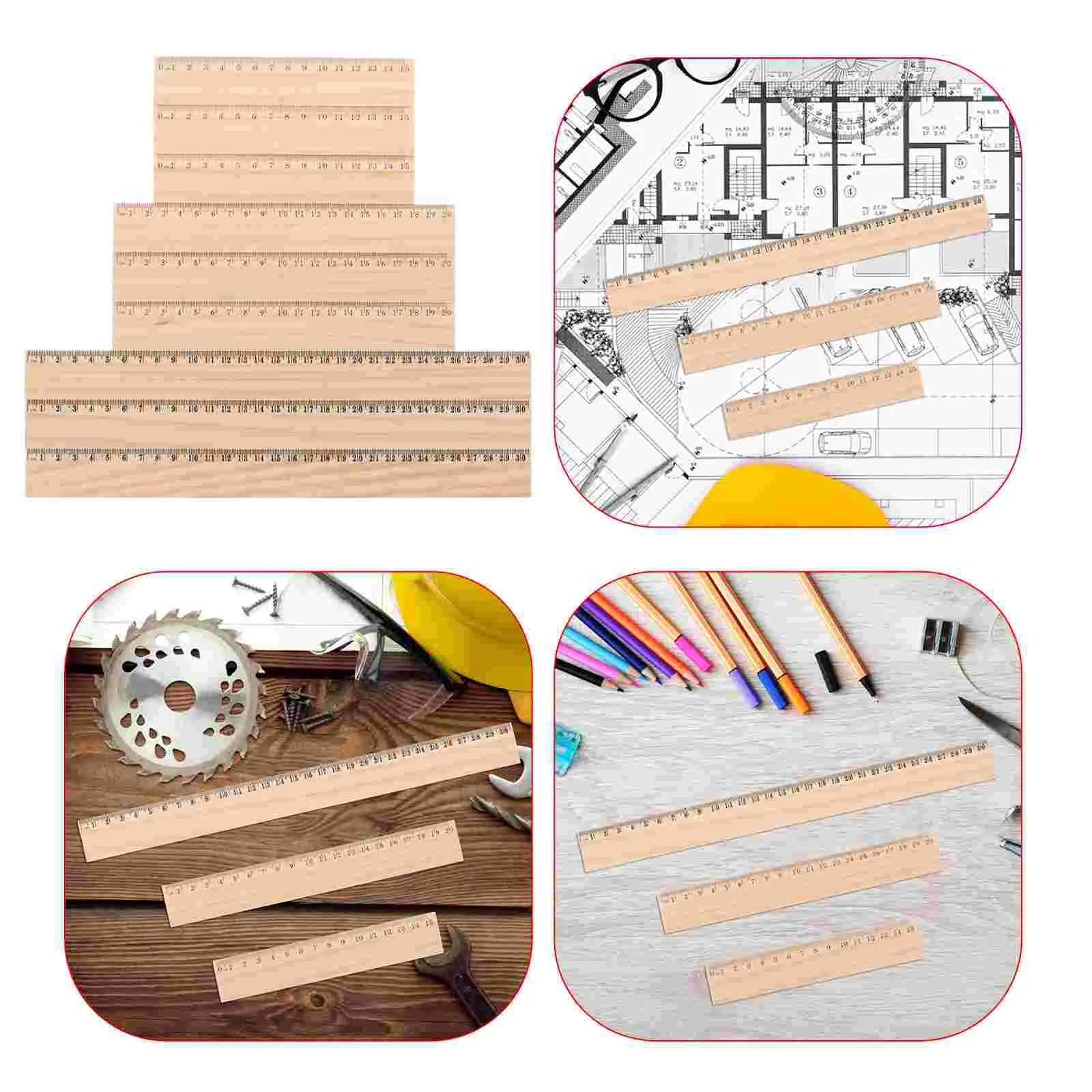 9 Pcs Ruler Wooden Woodworking Rulers Straight Edges for Office Measuring Double Sided Scale Bulk