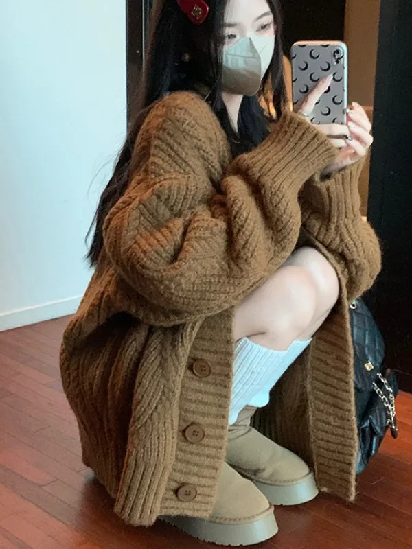 

Коричневый вязаный свитер, пальто, женский свободный кардиган в стиле ретро, топ на осень-зиму, полиэфирное волокно