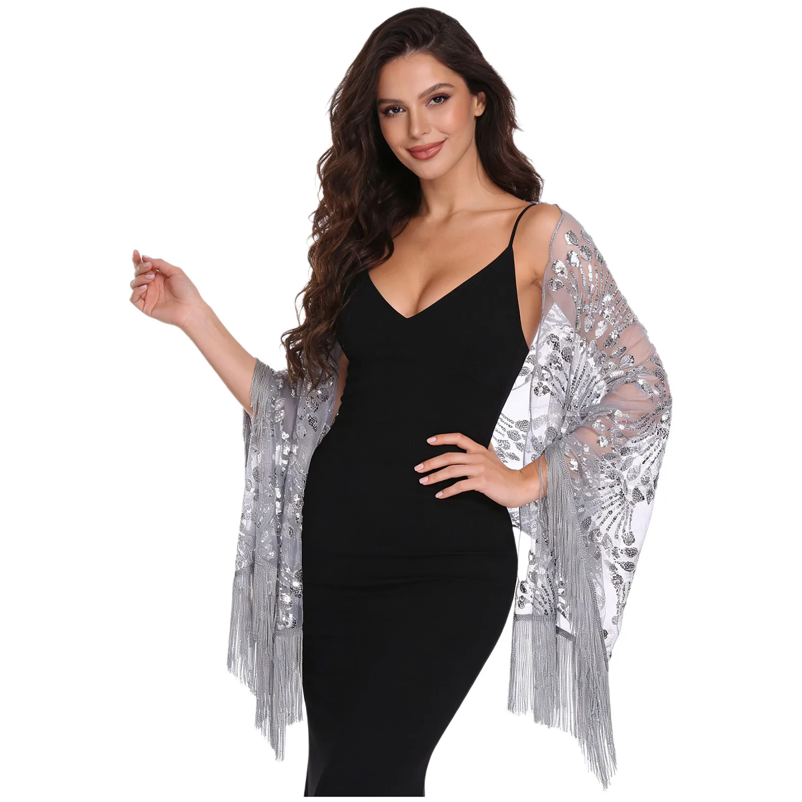 1920s Bolero Women Shawls Sequined Tassel Sheer Mesh Cape Sundress Coverups Evenings Wraps Accessories Retro Embroidered Wrap