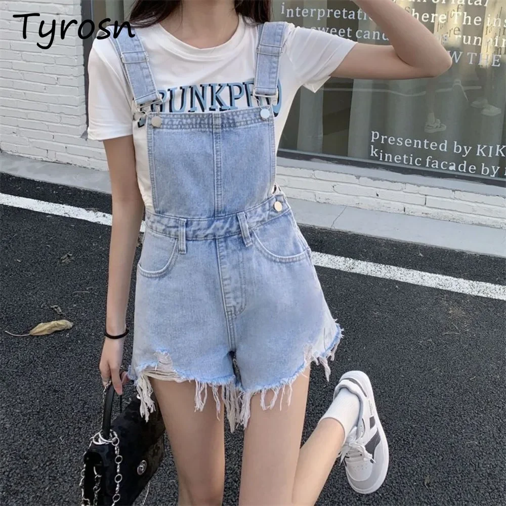 Women Rompers Denim Ripped Button Adjustable New Young Lovely Summer Stylish High Street Wide Leg Casual Korean Style Suspender