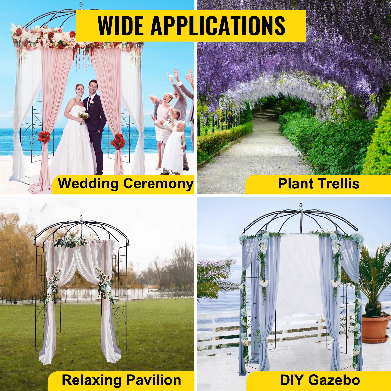 VEVOR Birdcage Shape Gazebo Pergola 8' x 5.2' / 9' x 6.6' for Wedding Outdoor Garden Black / White Garden Structures & Shade