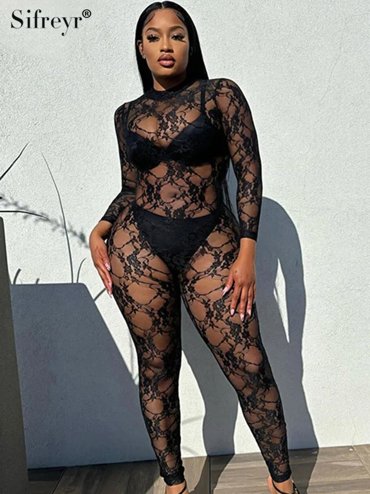 

Sifreyr Black Lace Spliced Jumpsuits Sexy Y2k Perspective Round Neck Long Sleeve Tight Fit High Waist Pencil Pants Jumpsuit