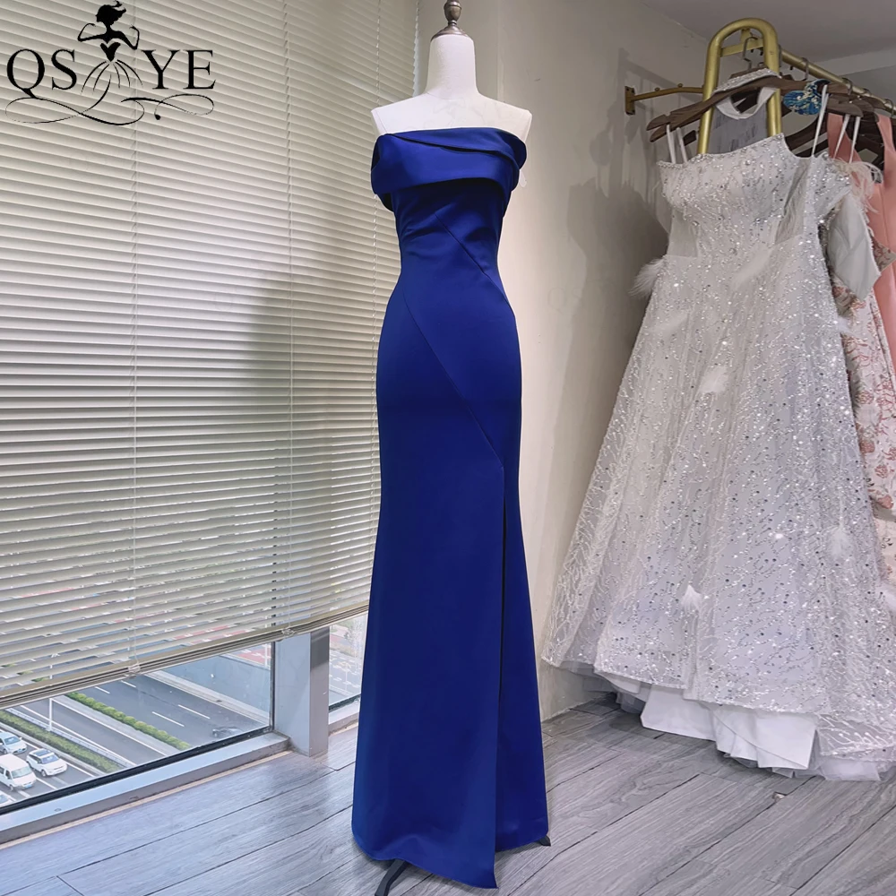 Qsyye Navy Avondjurken Elastische Satijnen Zeemeermin Off Shoulder Formele Jurk Strapless Hals Met Één Riem Getailleerde Prom Party Jurk Split