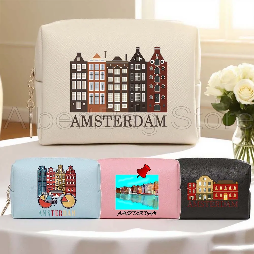 

Amsterdam Landmark Skyline Heart Flag Netherlands Map Travel Souvenir Gifts PU Cosmetic Bags Makeup Case Waterproof Storage Bag