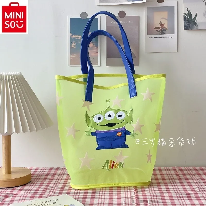 MINISO    Disney Cartoon Anime Strawberry Bear Portable Large Capacity Women's Sweet and Cute Mesh Handheld Beach Bag