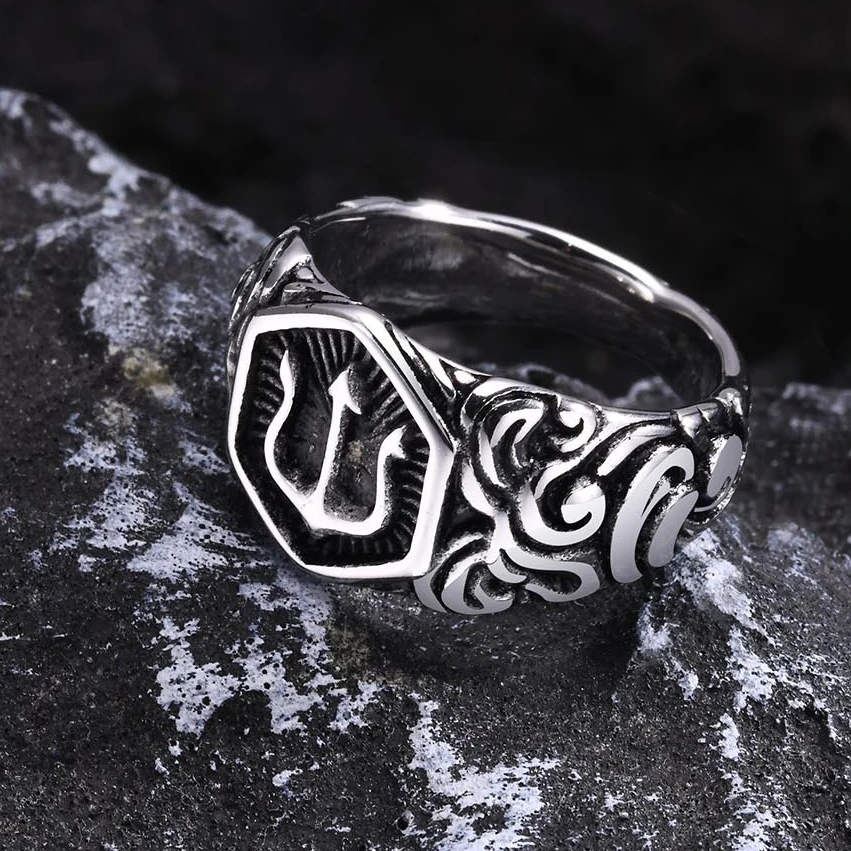 13.3mm Poseidon Trident Ring for Men Ancient Greek New Stainless Steel Amulet Ring Jewelry Gift
