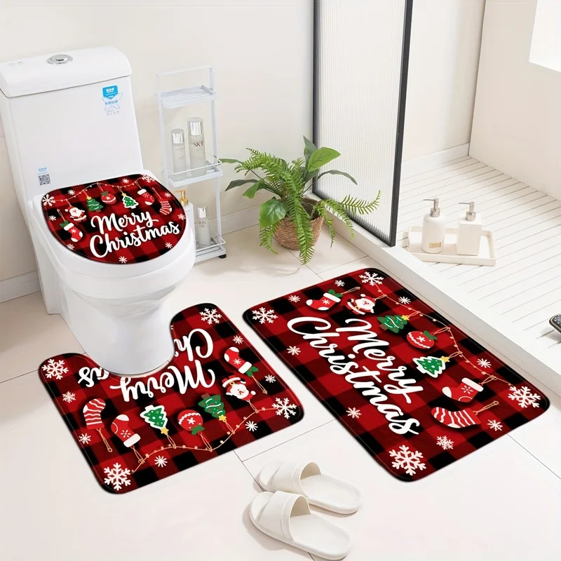 VIKAMA Christmas Bathroom Mat Set, Non-Slip Toilet Lid Cover, Absorbent Floor Rug for Shower Laundry Home Decor