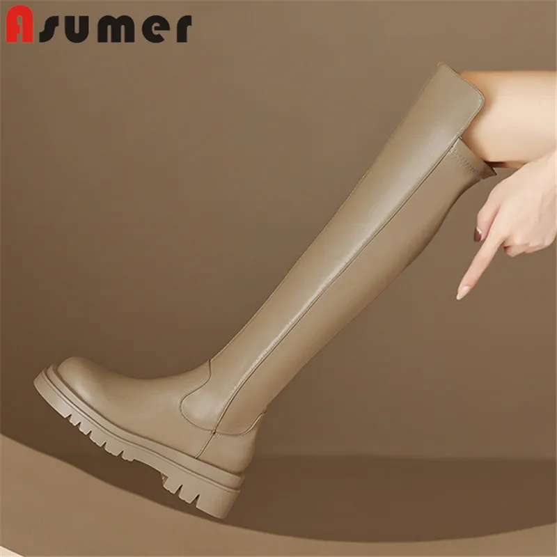 

ASUMER 2024 New Microfiber Zipper Winter Boots Woman Thick Med Heels Shoes Fashion Ladies Over The Knee Boots