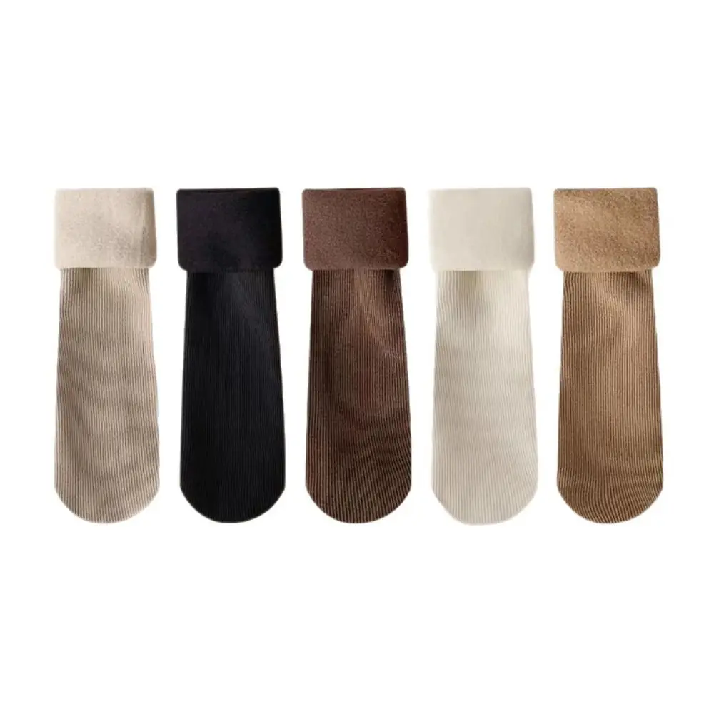 5 pares de calcetines cálidos gruesos a rayas de Color sólido calcetines térmicos simples de longitud media calcetines de invierno de tubo medio más gruesos para mujer Otoño Invierno