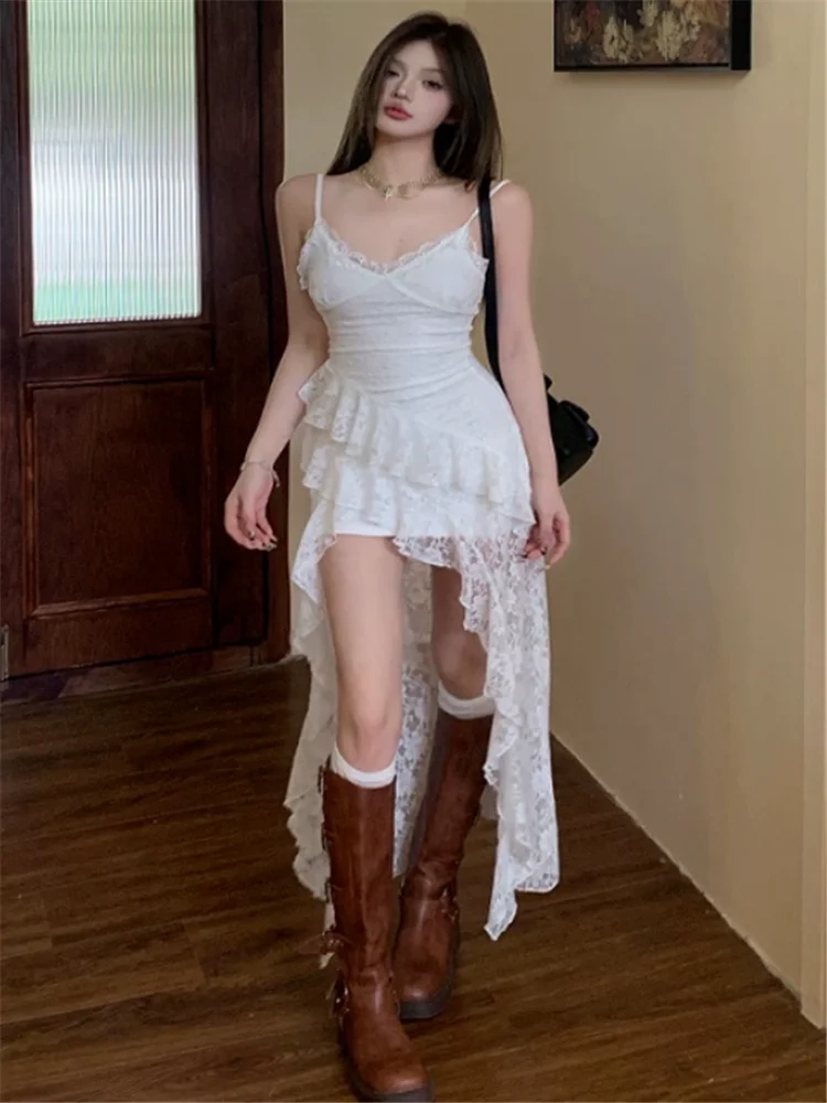 

Summer Holiday French White Lace Irregular Slip Dress Summer Vacation Beach Strap Skirt Sexy Chic V Neck Sleeveless Fairy Dress