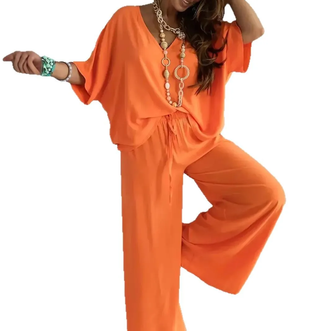 Sommer Weiß Zweiteiliges Set Für Frauen V-ausschnitt Fledermaus Ärmel Top Casual Lose Spitze Up Breite bein Hosen 2-stück Anzug Hause Outfits frauen