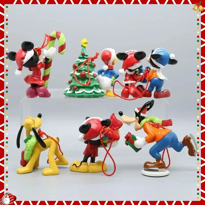 Figuras de Disney de 6 piezas, Mickey Mouse, Minnie, Pato Donald, adornos coleccionables, regalo de Navidad, llavero de juguete