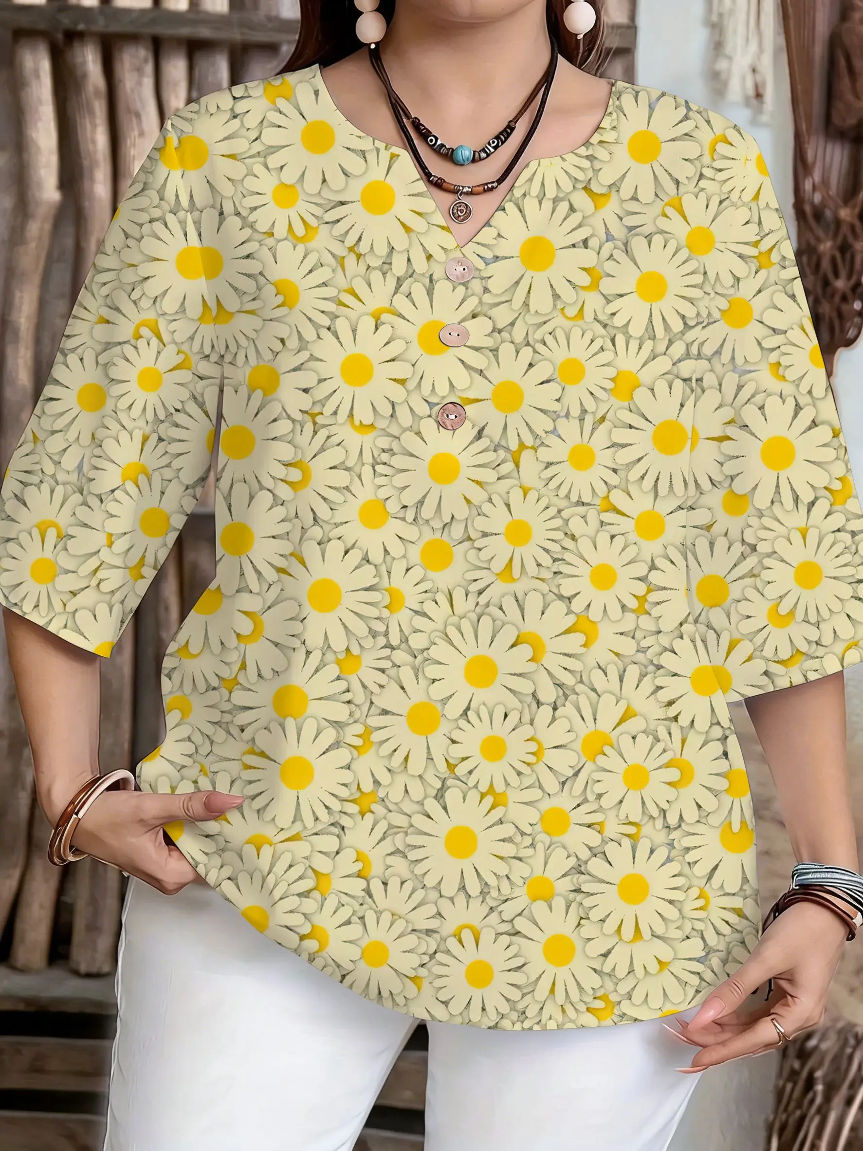 Women Notched Neck 3/4 Sleeve Loose Fit For Curvy Figures Daily Casual Ladies Pullover Tops Multiple Floral & Animal Pattern