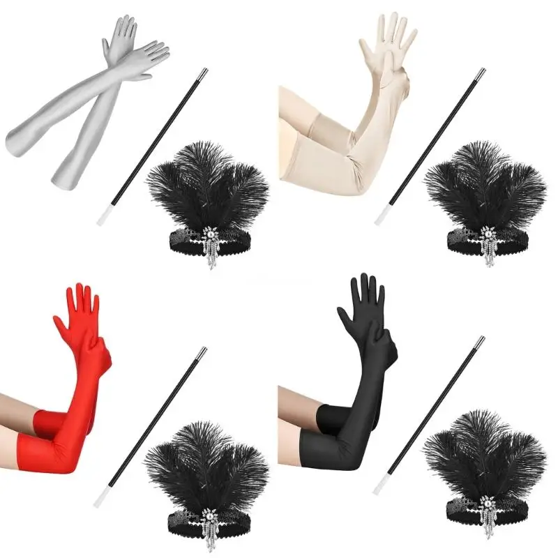 1920s Vintage Cosplay Party Costume Accessories Women Gloves Headpiece Dropship