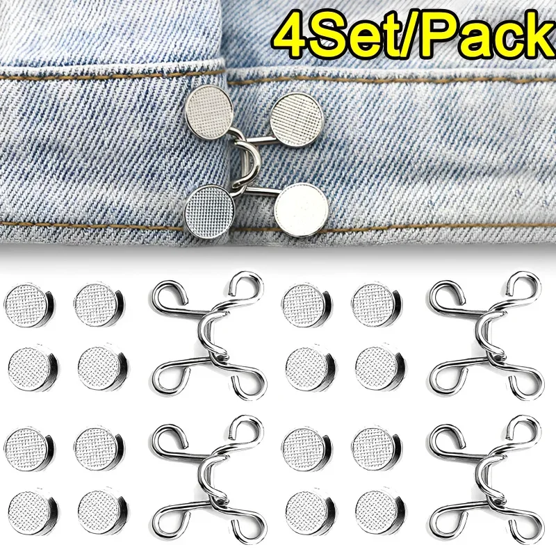 4Set Adjustable Waist Buckles Nail-Free Pants Waist Buckle Extender Button Safety Pin Jeans Tighten Waist Adjust Instant Button