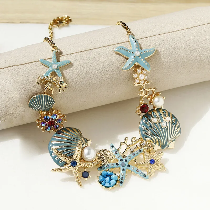 Beach Multicolor Starfish Shell Shining Rhinestones Pendant Necklace Bracelets Set