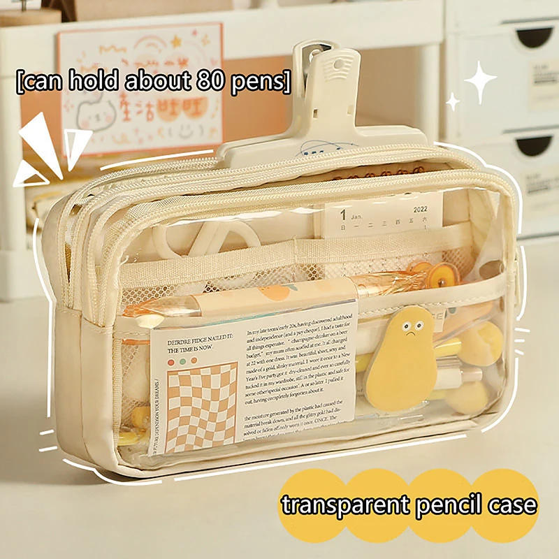 Bolsa de lápices transparente de gran capacidad, estuche para bolígrafos, caja de soporte de papelería, bolsa de lápices con cremallera para estudiantes, suministros escolares, 1 pieza