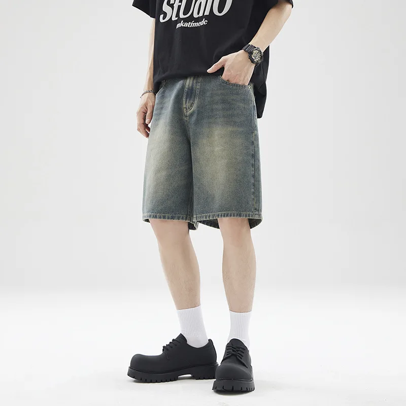 Pantalones cortos vaqueros hasta la rodilla con cremallera para hombre, pantalones cortos lisos con bolsillos a media cintura, holgados, informales, desgastados, lavados, empalmados, para verano