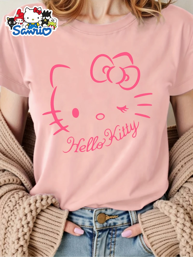 تي شيرت نسائي بأكمام قصيرة من Hello Kitty Sanrio لعام 2025 باللون الأبيض والوردي الفاخر الراقية لكل من الرجال والنساء Y2k