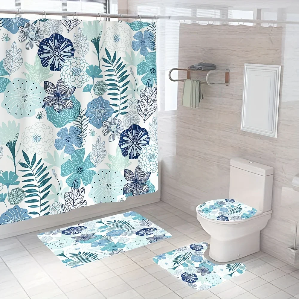 

Комплект занавесок для душа из 4 предметов с бирюзовым цветочным принтом, коврик для ванной комнаты, U-образный коврик, коврик для унитаза с крючками, декор для ванной комнаты