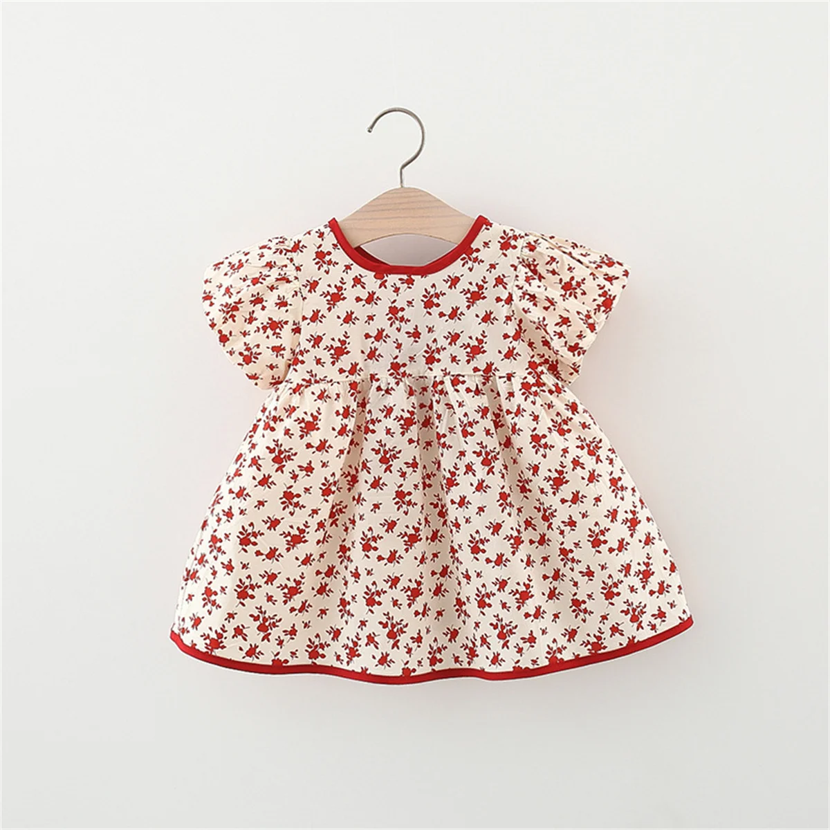 Summer baby girl\'s dress floral big bow decorative bubble sleeve knee-length daily cotton skirt