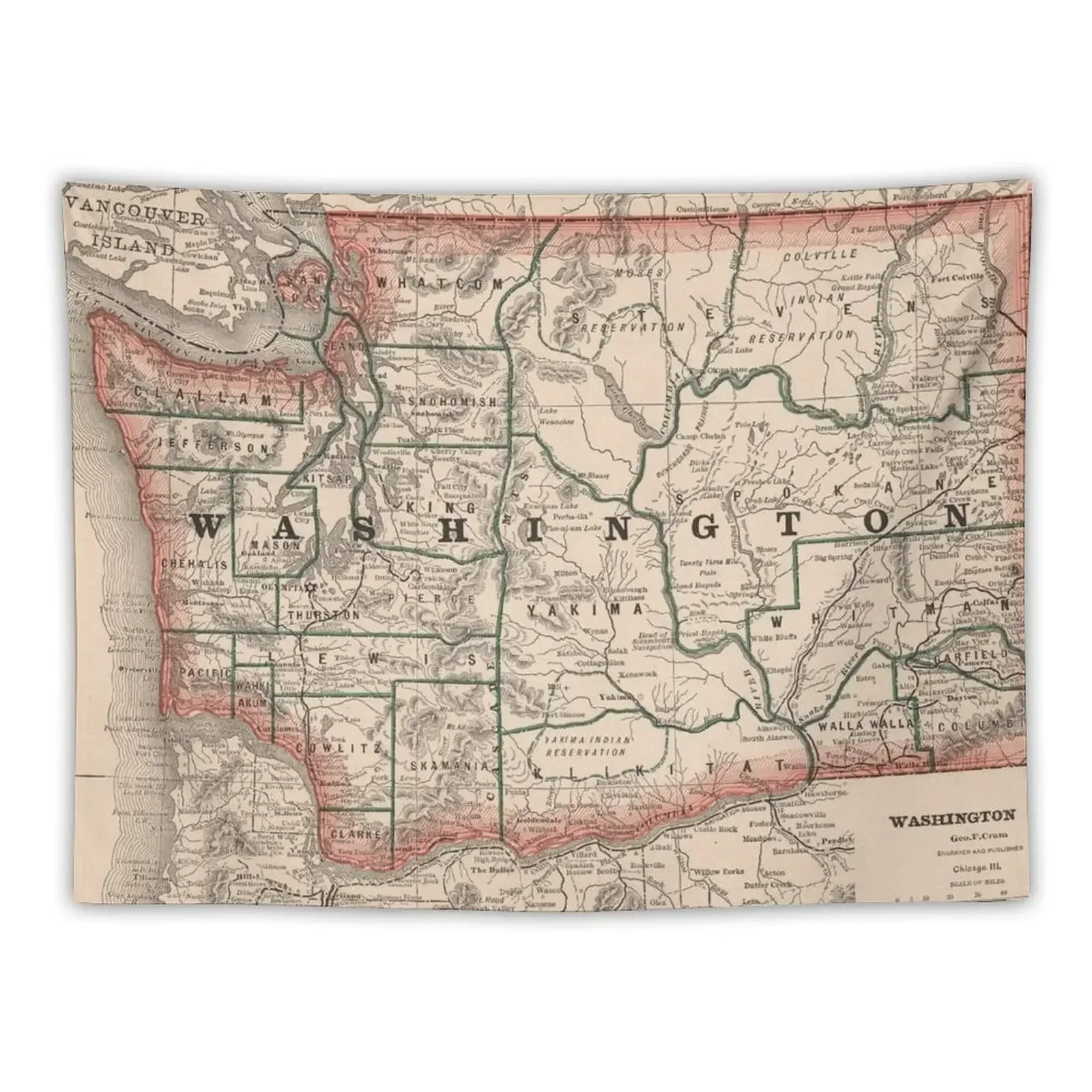 Vintage Map of Washington State (1883) Tapestry Room Decorations Aesthetic Aesthetic Home Decor Tapestry