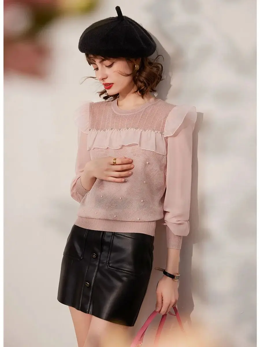 LOUIS YAO Women Knitwear Top 2024 Spring New Bead Jacquard Weave Top Round Neck Long Sleeve Elegant Lace Sweater Casual Top