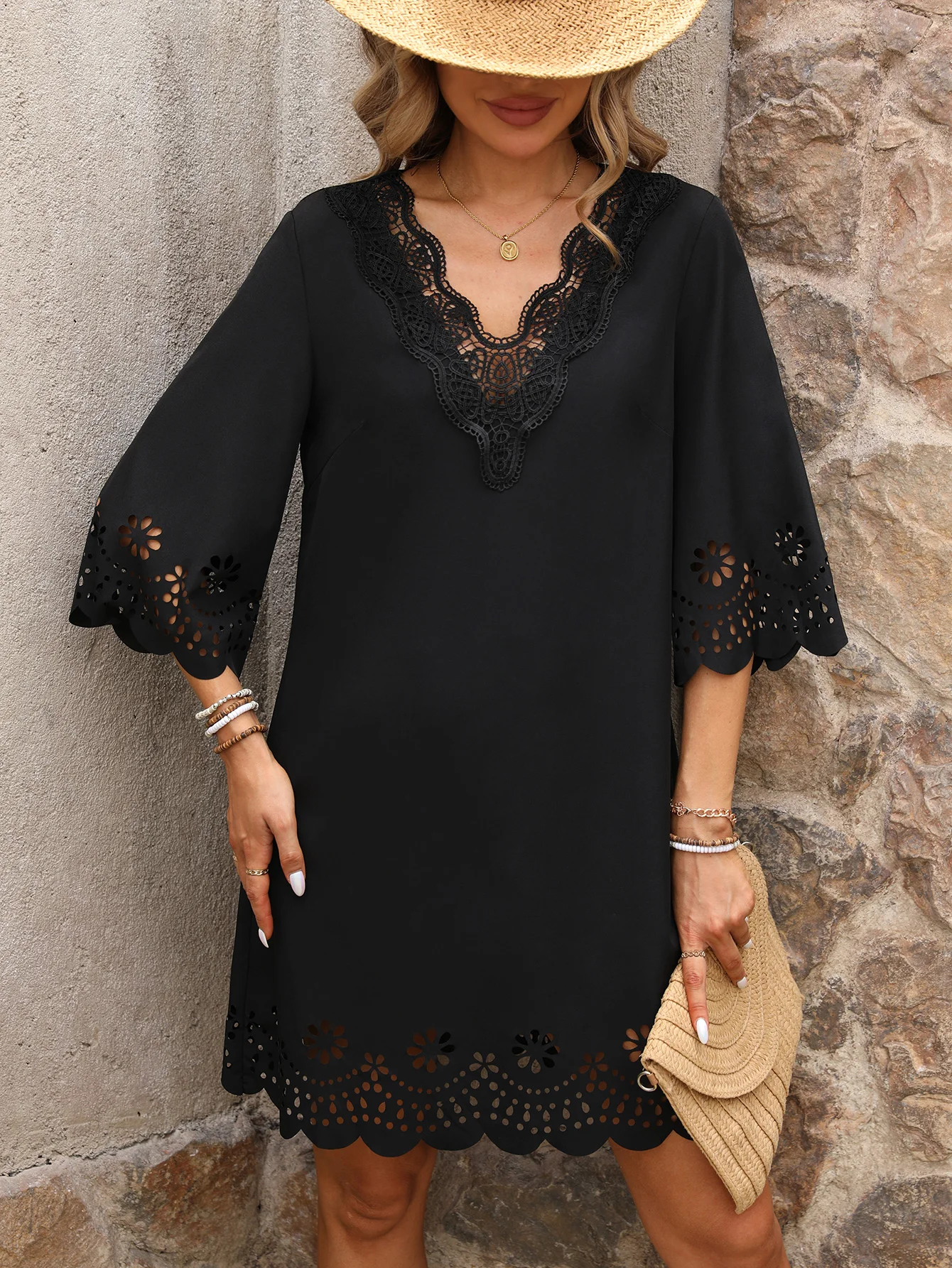 Damenkleid im europäischen und amerikanischen Stil, lässig und elegant, mittellang, langärmelig, V-Ausschnitt, einfarbig