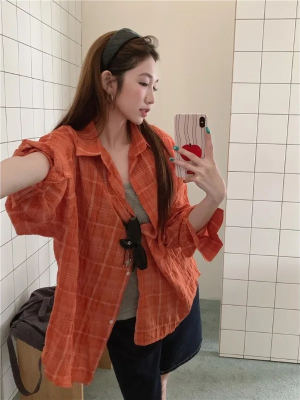 

plus Size Women's Korean Style Lazy Plaid Shirt Summer New Loose Slimming Casual Open Cardigan Top Large Size Women's Clothing