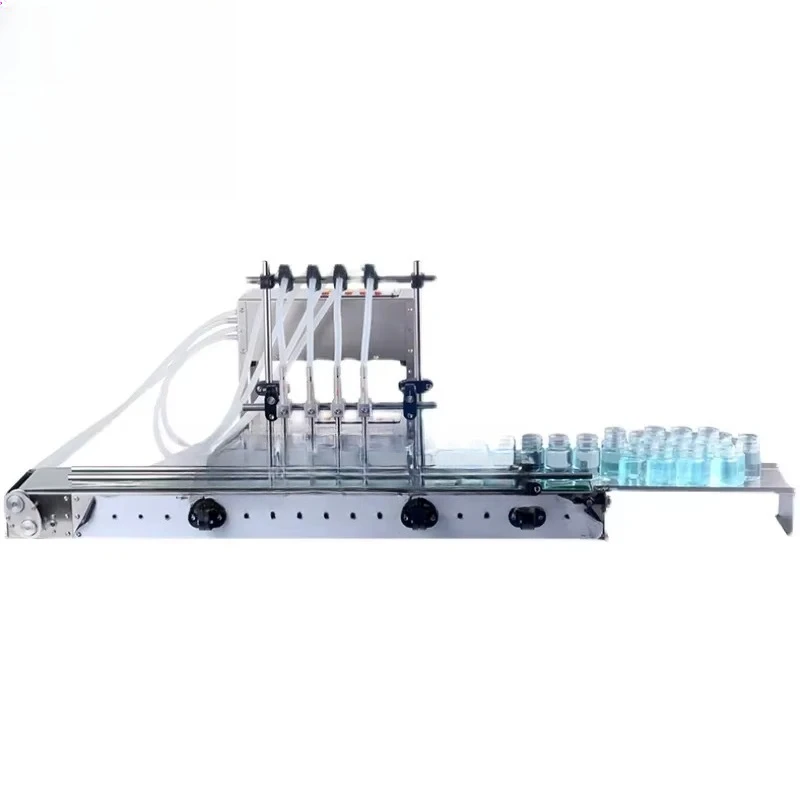 

Semi-automatic 4-nozzle liquid beverage essential oil soy sauce vinegar small bottle water bottle filling machine with conveyor