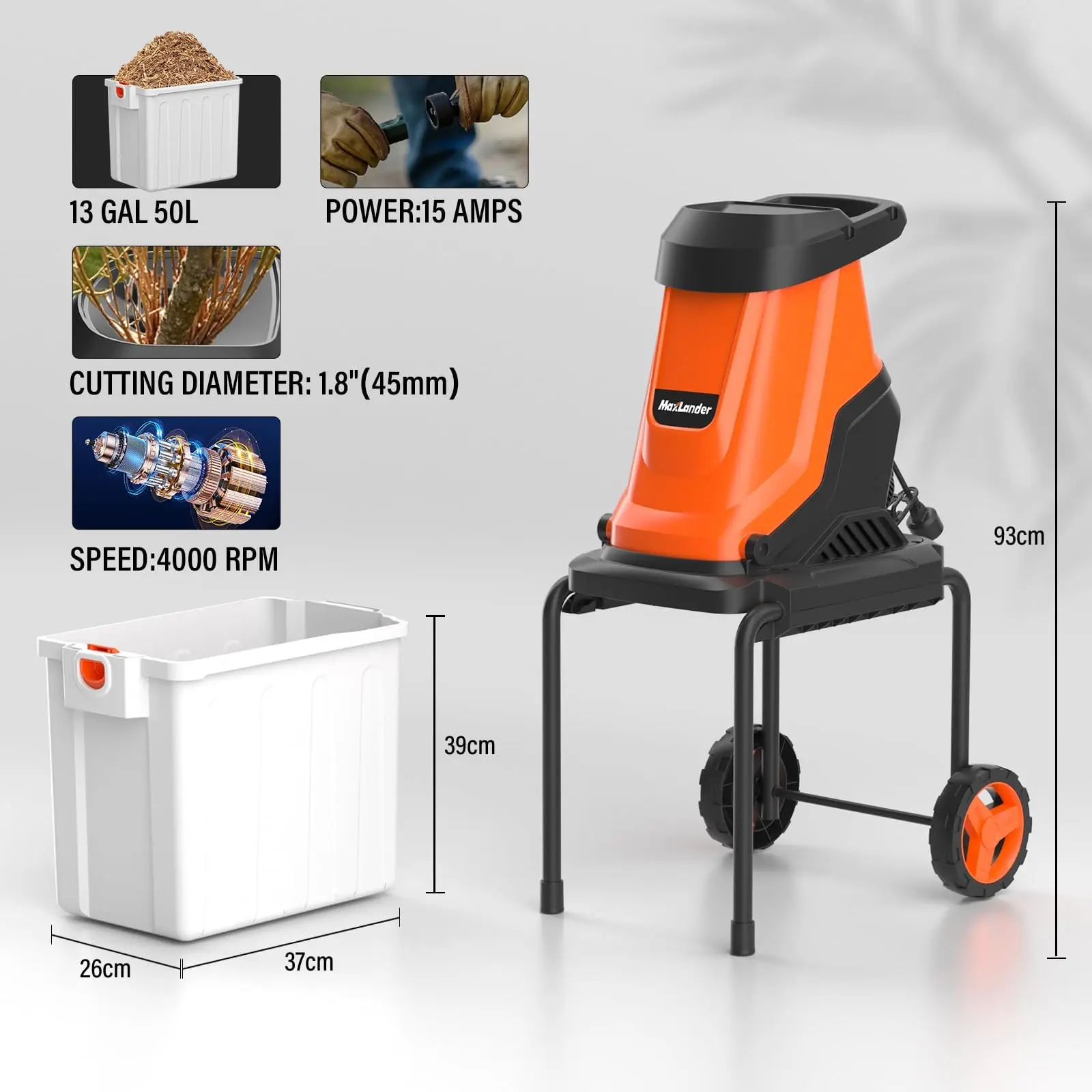 15-Amp Electric Wood Chipper Shredder with 50L Collection Bin