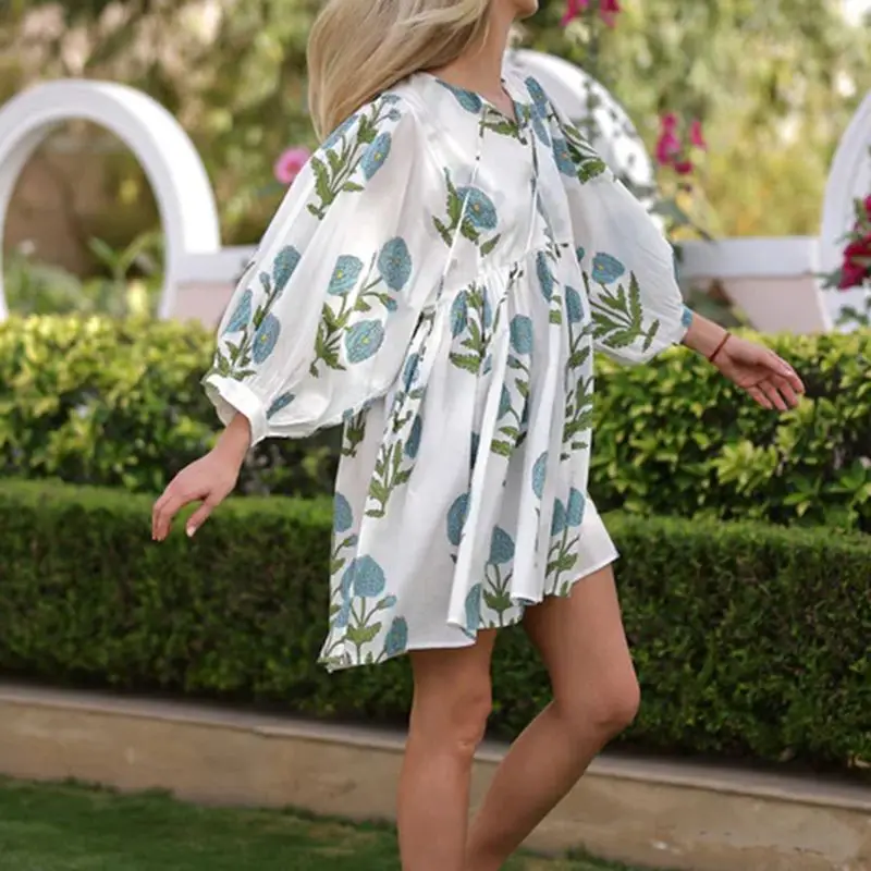 Combhasaki Damen Y2K Boho Loungewear Modische Loose Fit Ästhetischer Blumendruck Puff Langarm Kurzes Minikleid Streetwear