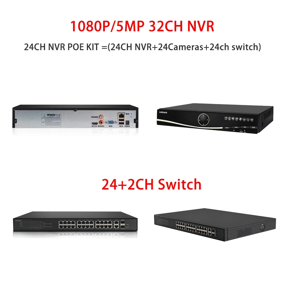 LOOSAFE 24CH H.265X Sistema di telecamere di sicurezza per visione notturna Poe Rilevamento movimento Avviso Telecamera IP 5mp Kit remoto per telefono e PC gratuito per esterni